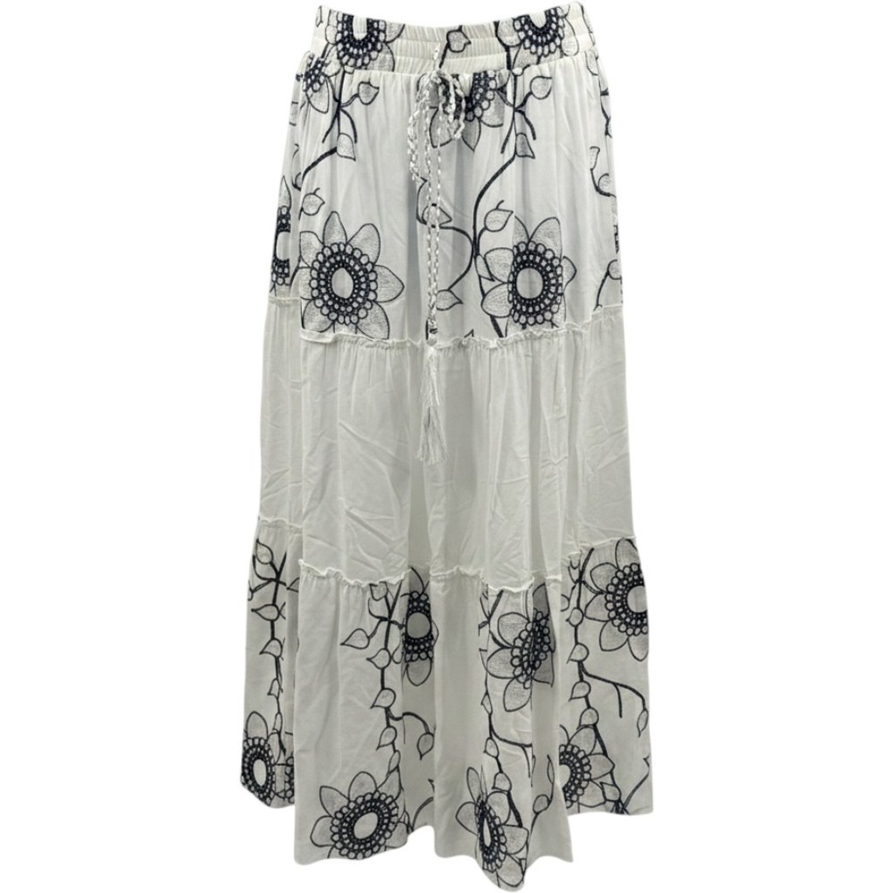 Mermaid Fashion Womens White Navy Blue Floral Embroidered Tiered Maxi Skirt M - Picture 1 of 9